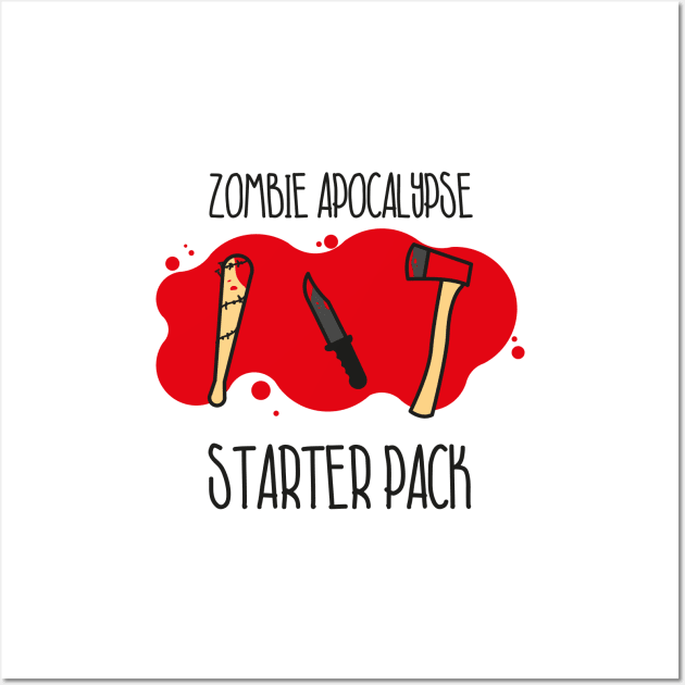 Zombie Apocalypse Starter Pack Baseball Bat Knife Axe Blood Splatter Wall Art by udesign